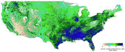Depiction of evapotranspiration across United States for growing season of 2007