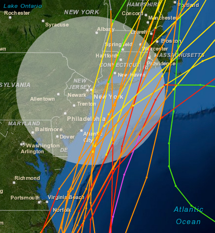 Graphic showing Cat. 2 or stronger hurricanes and their paths within 200 nautical miles of New York City