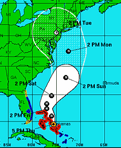 National Hurricane Center forecast for Hurricane Sandy track and strength, issued 2100 UTC October 25, 2012