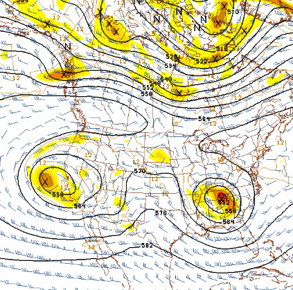500-millibar chart showing cut-off upper lows over US, 1200 UTC, May 6, 2013 