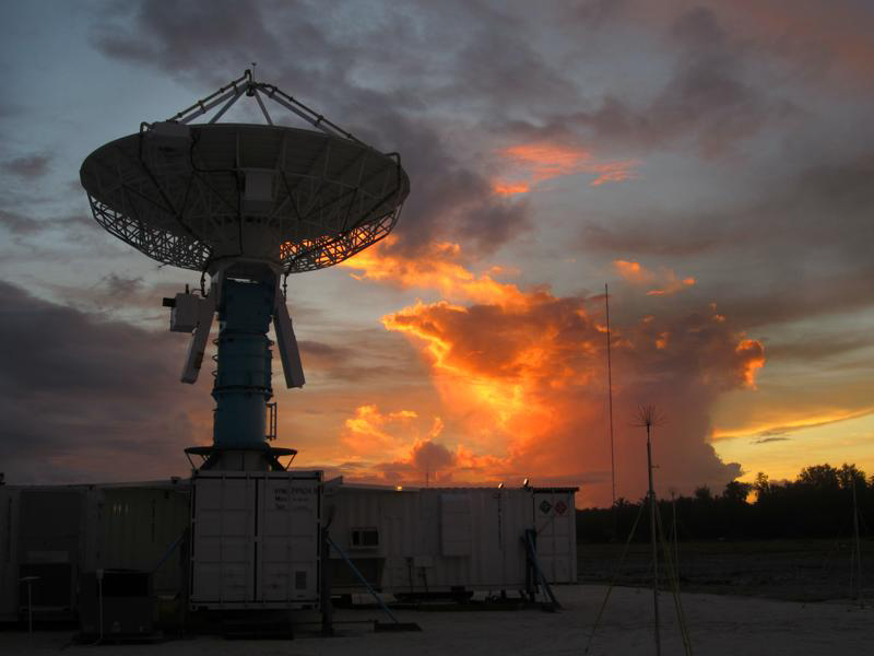 S-Pol radar silhouetted at DYNAMO field project in Maldives