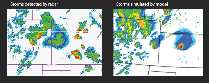 Comparison of radar-detected and model-predicted thunderstorms in central U.S. on May 5, 2007