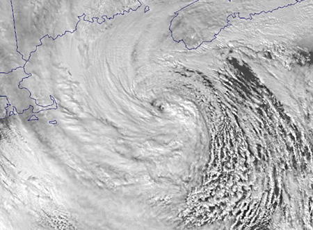 Satellite image showing small eye-like feature within intense extratropical cyclone east of New England on February 9, 2013