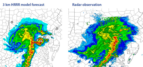Comparison of 12-hr HRRR forecast and radar observation, 6/29/12