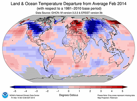 Land/ocean temp departures from average, Feb 2014