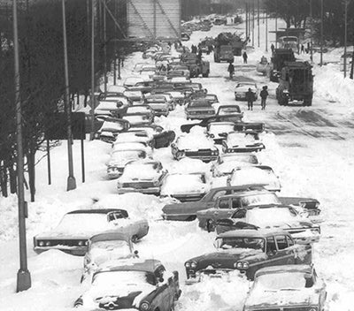 Cars  in snowdrifts following Chicago's January 1967 blizzard