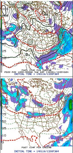 Two members of GFS 384-hour ensemble of surface weather conditions, valid at 7 a.m. EST on 2/1/14