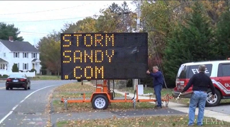 Evacuation message in Old Saybrook, CT, preceding Hurricane Sandy, 10/27/12