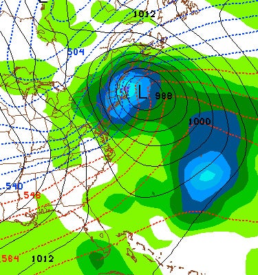 384-hour NWS GFS computer model forecast of surface weather features and precipitation for 7 a.m. EST 2/1/13