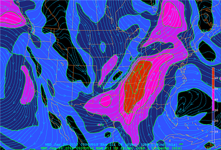 Sources of airborne wind energy: Forecast-model depiction of winds at 850-mb level on 1/30/13