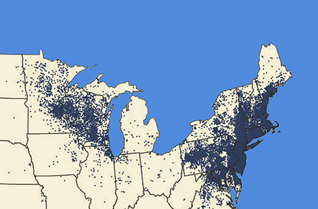 Map showing parts of US Northeast and Midwest where Lyme disease is most prevalent