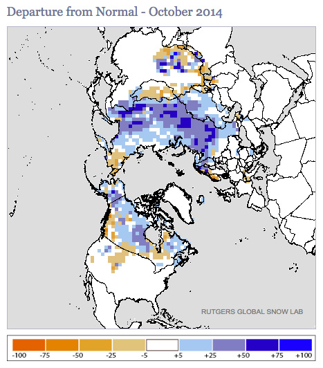 Northern Hemisphere snow cover anomalies, October 2014