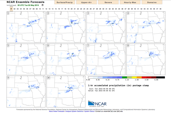 Map showing NCAR ensemble forecast with results from 10 members