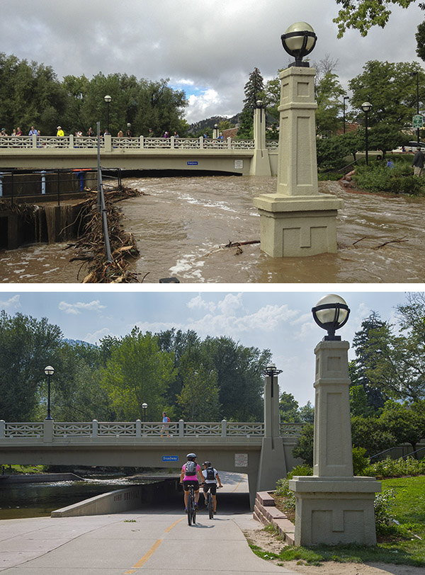 Engineering for Disaster. Photos: Boulder, CO bicycle path, during and after 2013 flood