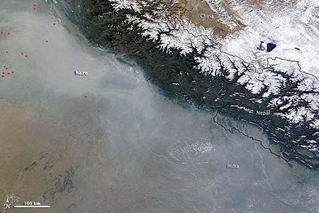 Haze seen over northern India from a NASA satellite observation.