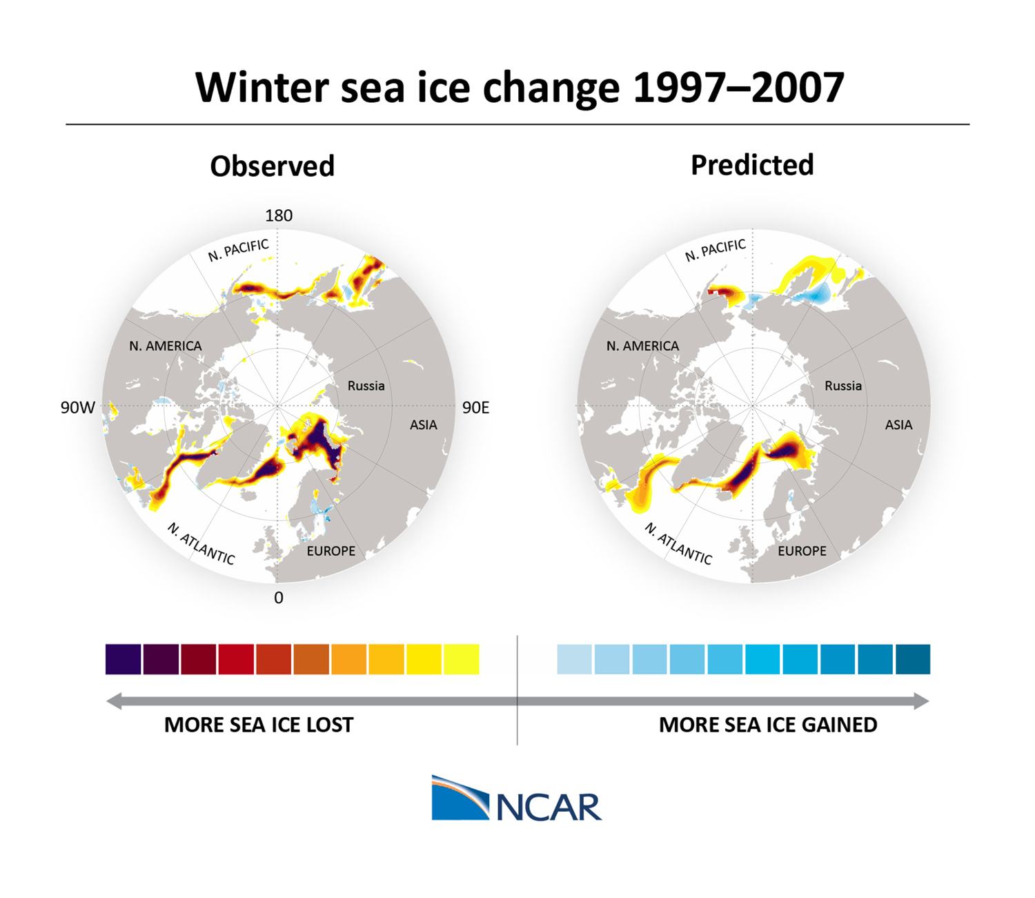 side-by-side maps show observed and predicted winter sea ice loss