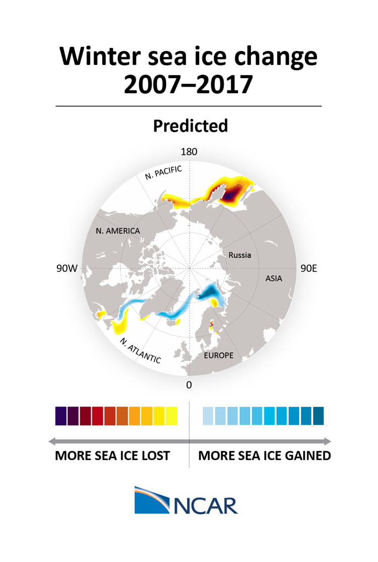 An image of predicted sea ice change from 2007 to 2017