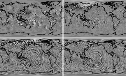 Invisible waves visualized:4-panel sequence showing vertical winds at 11, 30, 87, and 100 km above Earth's surface