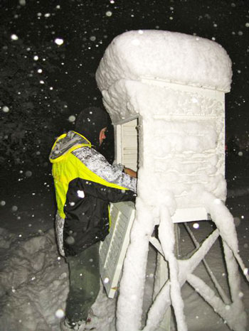 Measuring snow: Matt Kelsch, hydrometeorologist, at the Boulder, CO weather observing station