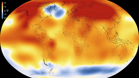Global map of warming temperatures - 2015 was warmest year on record