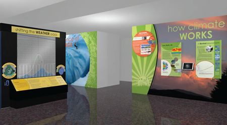 New NCAR climate exhibit: Artist's rendition of panels and interactive display