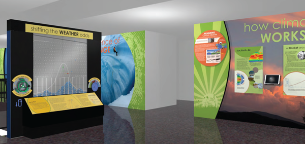 New NCAR climate exhibit: Artist's rendition of panels and interactive display