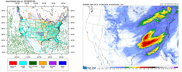 Side-by-side US maps of observations and forecasts - data assimilation helps predictions