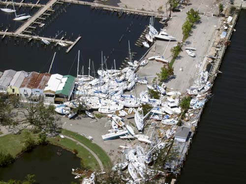 boats tossed around, other damage inflicted on a marina by Hurricane Katrina