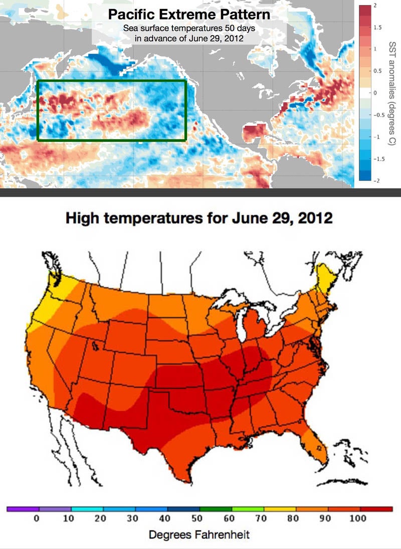 Images showing the "fingerprint" in the Pacific Ocean and resulting heatwave on the East Coast.