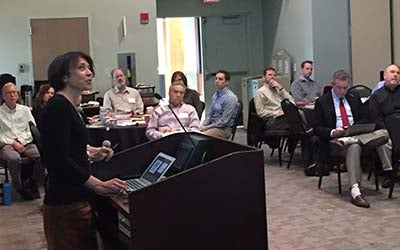 NCAR scientist Claudia Tebaldi discussing climate change science with broadcast mets.