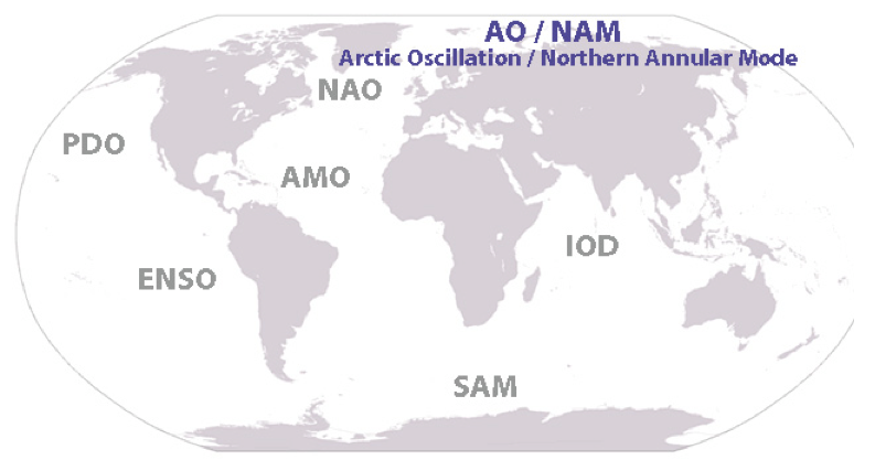 world map shows location of Arctic Oscillation, aka Northern Annular Mode