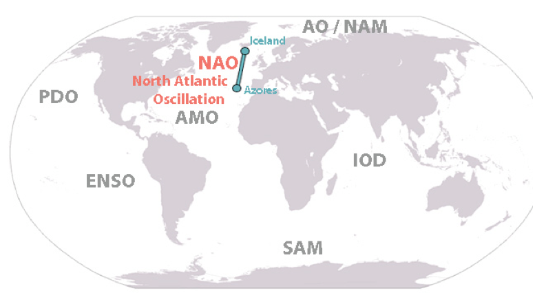 world map shows location of North Atlantic Oscillation