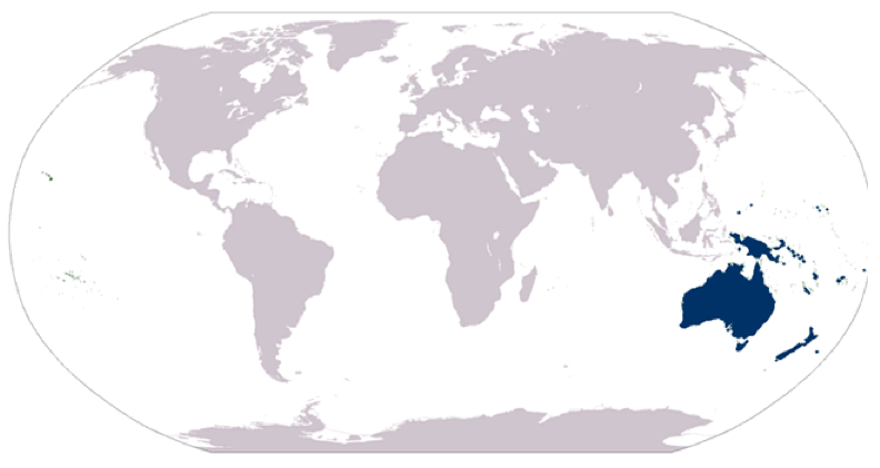 world map with Australia and New Zealand highlighted