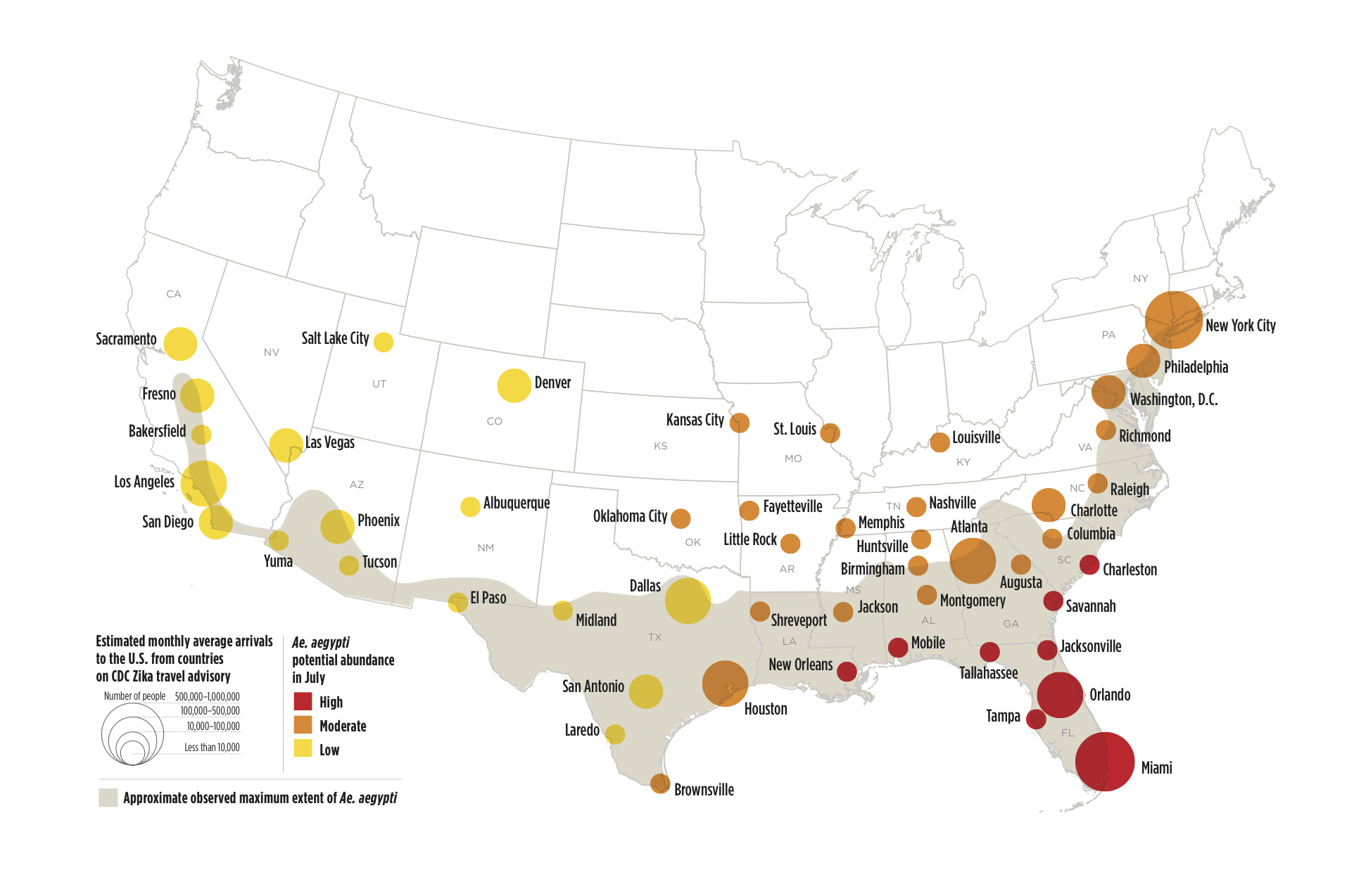 Ziki risk in US: map of risk in 50 cities