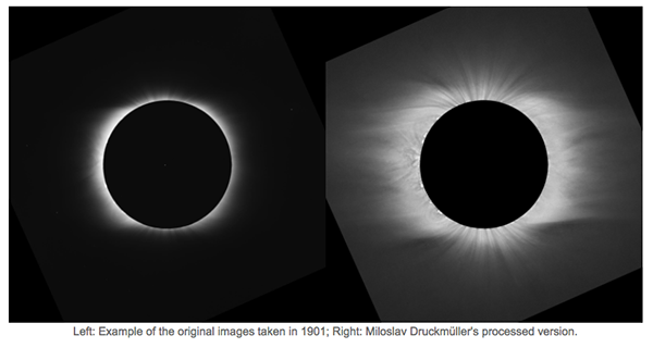 HAO eclipse gallery: side-by-side pre- and post-processed images, 1901 eclipse