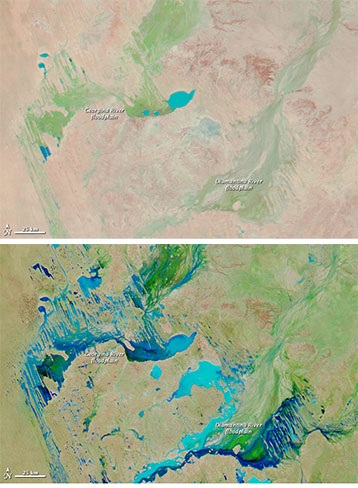 NASA satellite images of southwestern Queensland before and after heavy rains in 2010-11