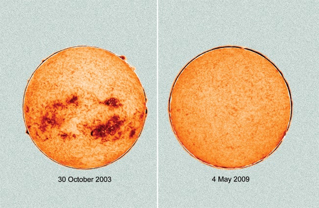 Images of the Sun on October 30, 2003 at the peak of the last solar cycle and on May 4, 2009 when no sunspots were observed