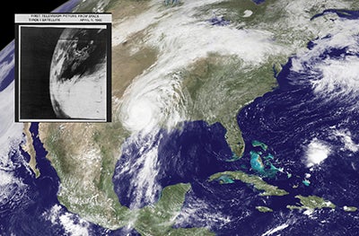 Black-and-white satellite image from TIROS compared to modern satellite image.