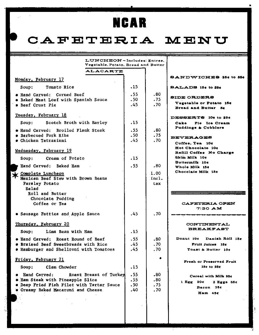 Reprint of cafeteria menu from '60s.