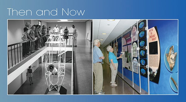 A black and white photo of Mesa Lab tours next to a more modern one.