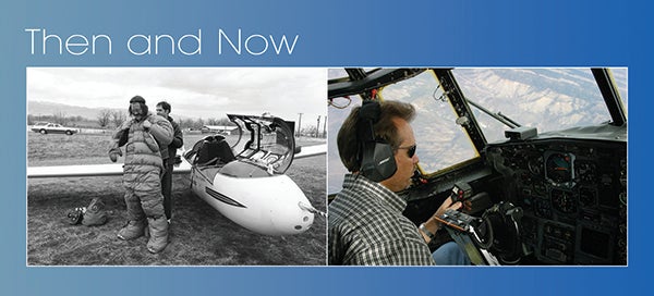 Pilot getting ready to get into tiny sailplane next to modern pilot in modern plane.