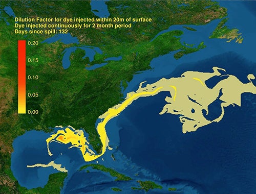 Map showing oil slick wrapping around Florida and up the East Coast.