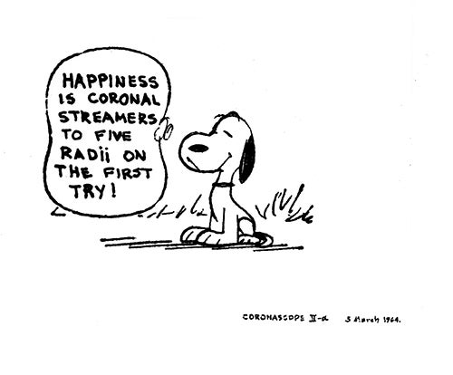 Snoopy saying that "Happiness is coronal streamers to five radii on the first try!"