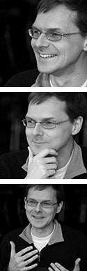 Three black and white photos of Kevin Manning.