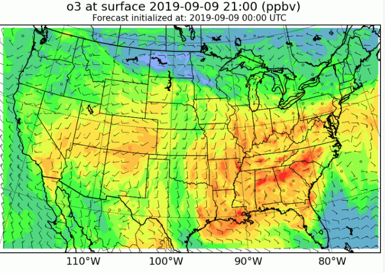 Air quality map showing ground-level ozone levels across the US