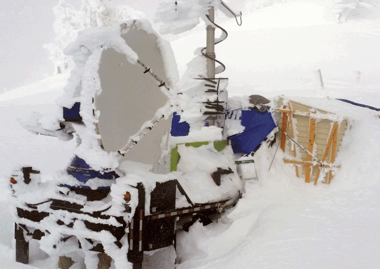 Ice-covered radar used in cloud-seeding experiment