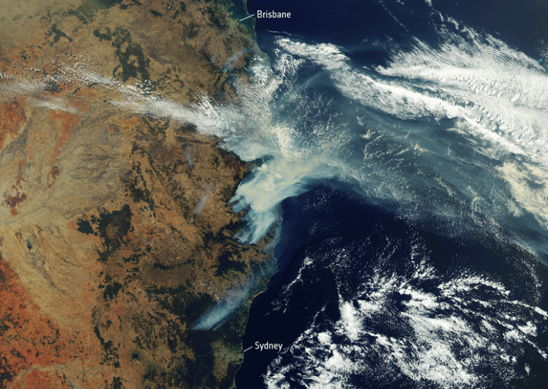 Satellite image of bushfire smoke over eastern Australia.