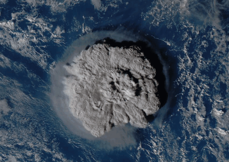 Satellite image of eruption of Hunga Tonga-Hunga Ha’apai volcano.