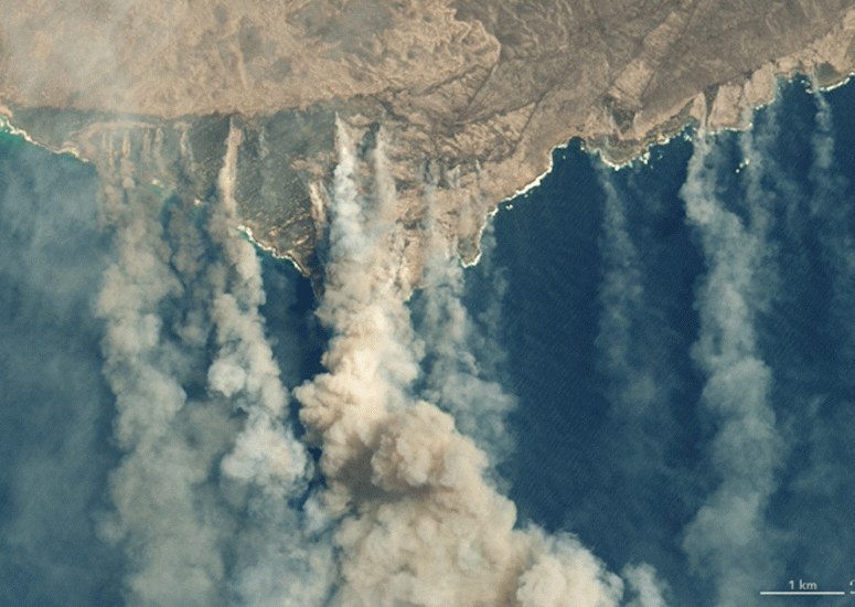 Satellite view of smoke billowing from Australian bushfires
