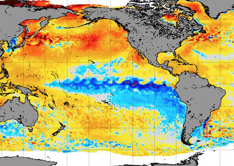 An image of sea surface temps in the tropical pacific